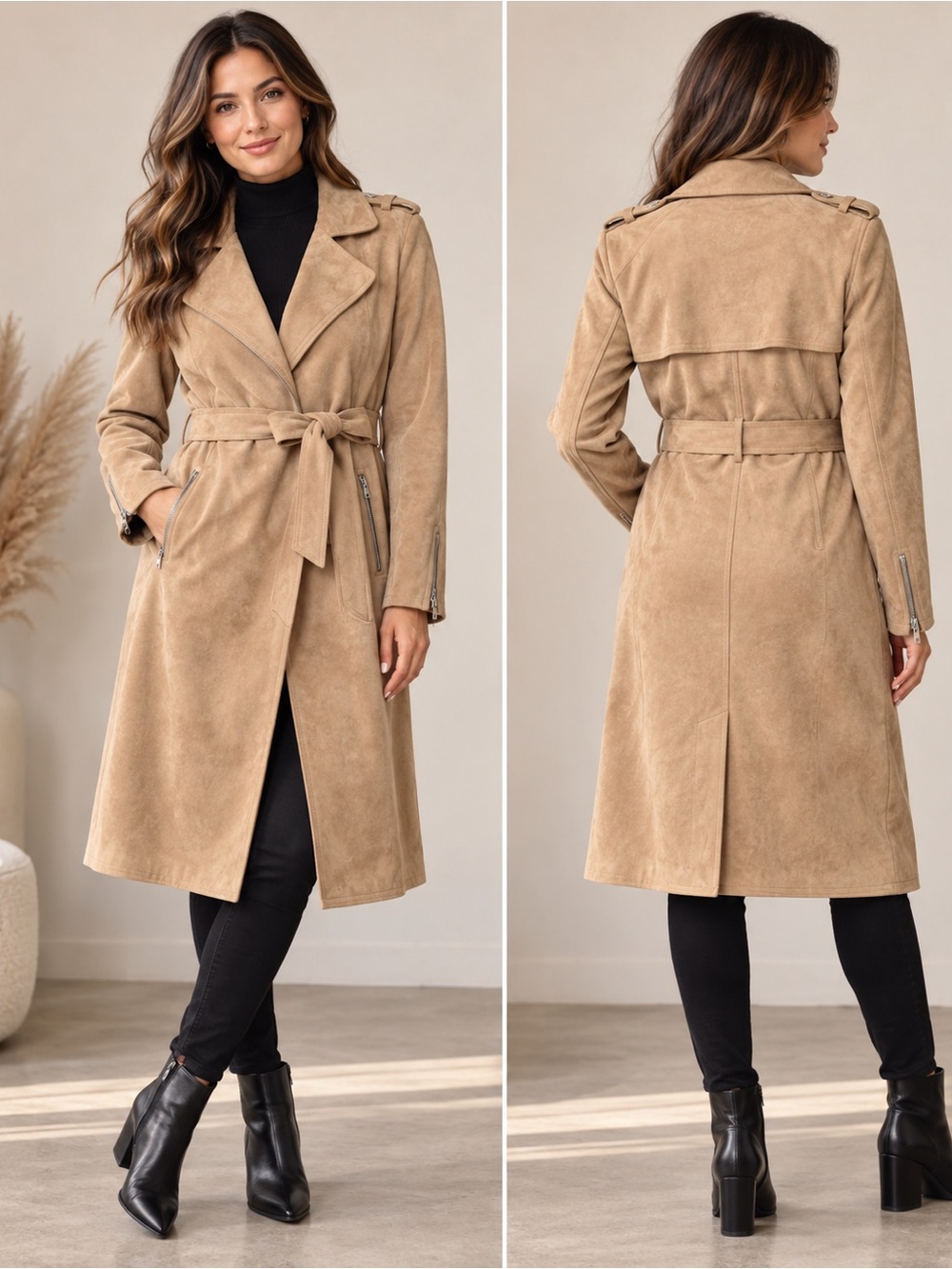 Tahari Camel Faux Suede Trench Coat – Size M – New With Tags
